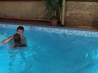 After enduring stunning sex on touching a large swimming pool hottie cums
